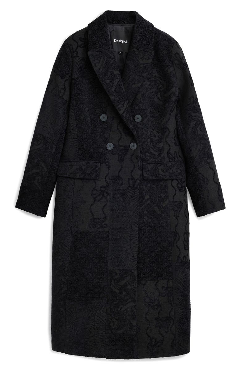 Desigual Embroidered Double Breasted Coat, Alternate, color, Black