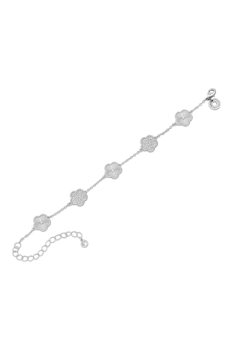 Pavé Cubic Zirconia Striated Clover Line Bracelet, Main, color, CLEAR SILVER