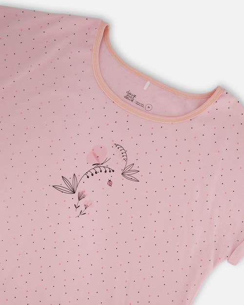 Deux Par Deux Printed Organic Cotton Two-piece Pajama Set Small Pink Flowers On Pale Pink Background In Pink Flowers On Pale Pink