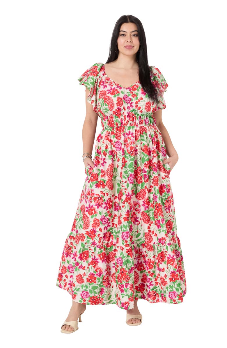 June + Vie Smocked Poplin Maxi Dress, Main, color, Garden Red