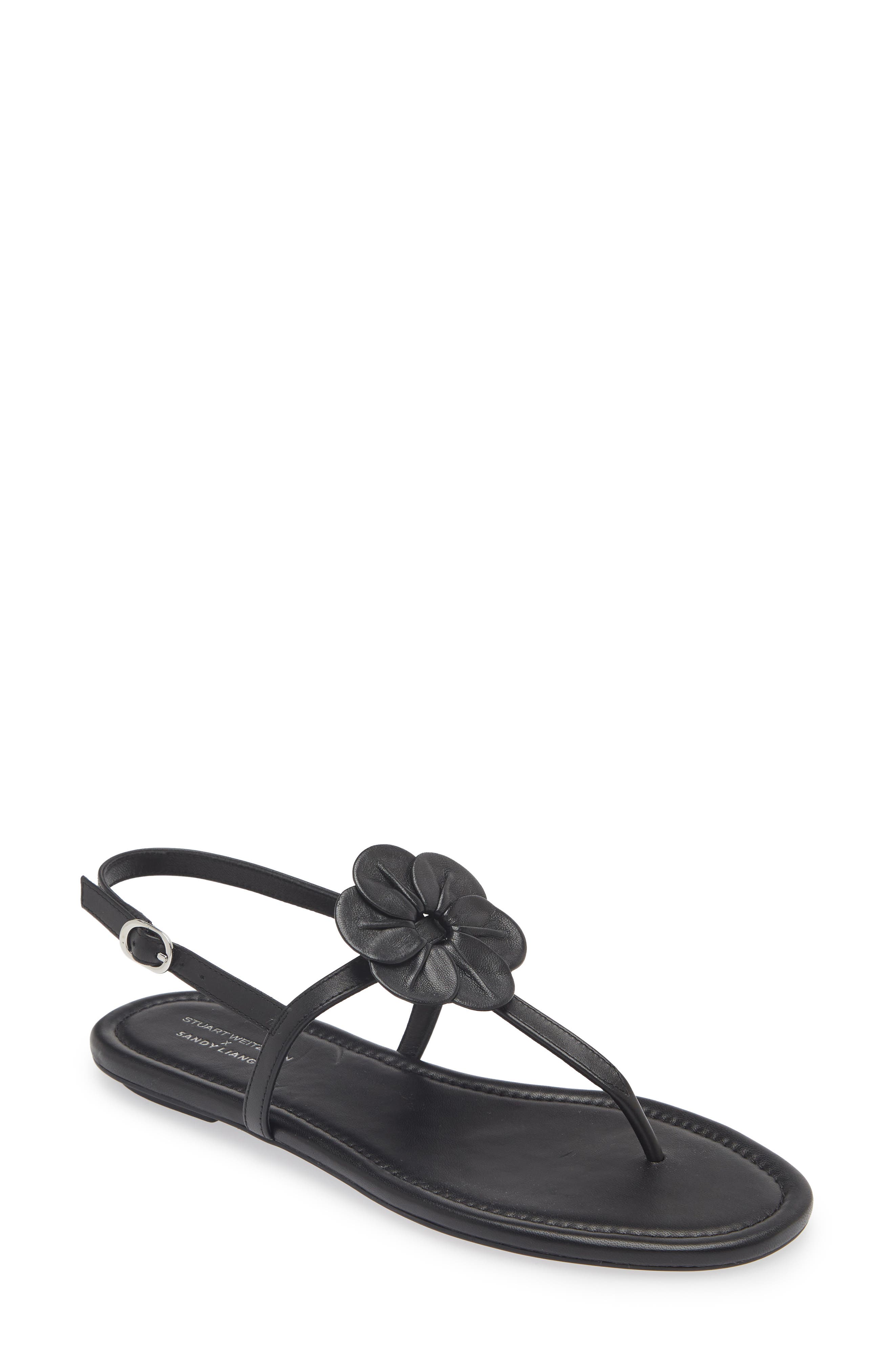 Stuart Weitzman x Sandy Liang T-Strap Slingback Sandal, Main, color, Black Smooth Calf