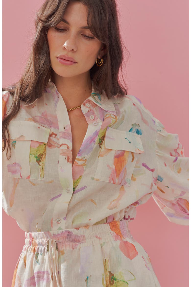 Annie Utility Floral Print Linen Button-Up Shirt, Alternate, color, IVORY/ ROSE