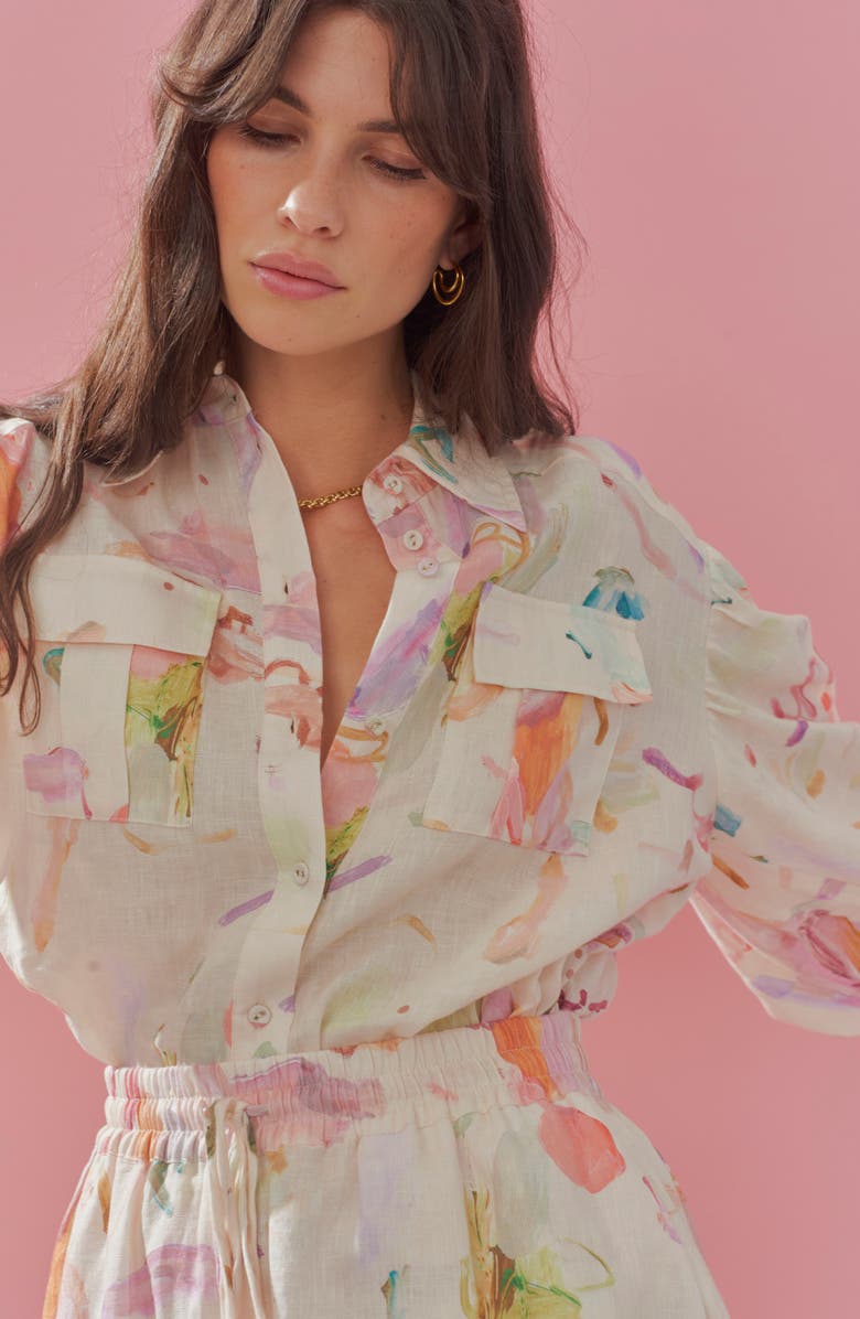 ALEMAIS Annie Utility Floral Print Linen Button-Up Shirt, Alternate, color, 