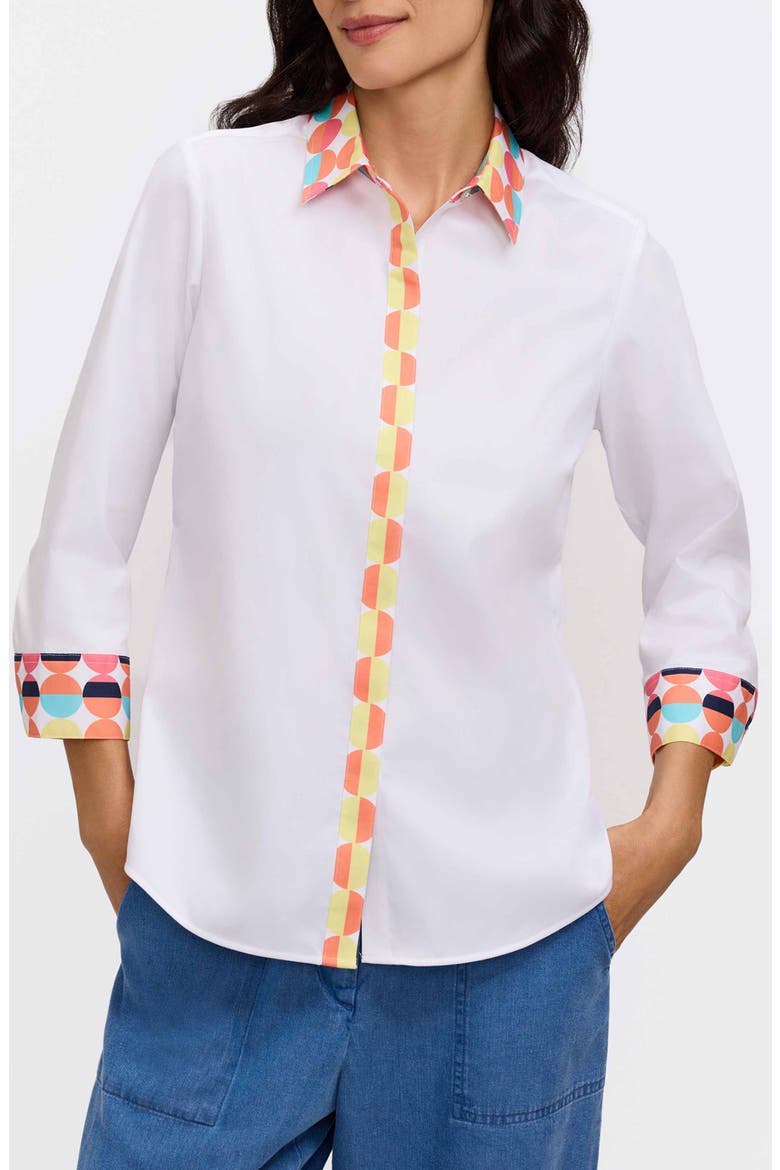 Luna Three-Quarter Sleeve Border Print Button-Up Shirt, Main, color, WHITE MULTI