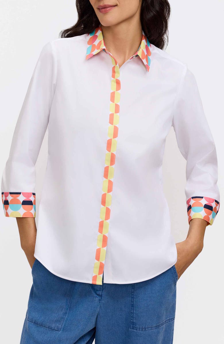 Foxcroft Luna Three-Quarter Sleeve Border Print Button-Up Shirt, Main, color, White Multi