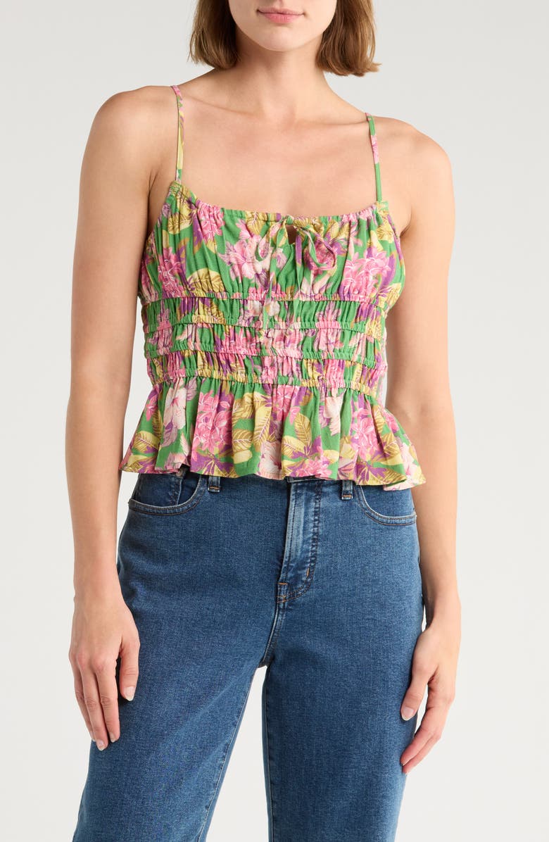 NSR Strappy Smocked Camisole, Main, color, Green/ Pink Floral