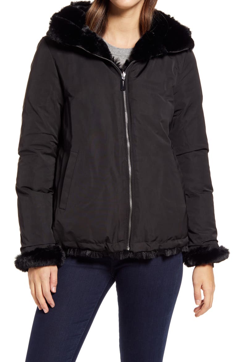 Hooded Faux Fur Coat, Alternate, color, BLACK