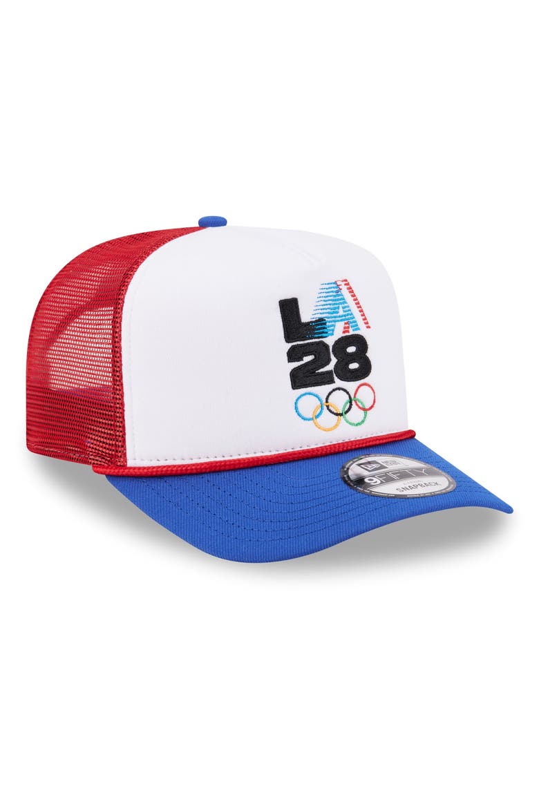 Men's New Era White/Red LA28 Summer Olympics Retro Stripe Rope A-Frame 9FIFTY Trucker Snapback Hat, Alternate, color, White