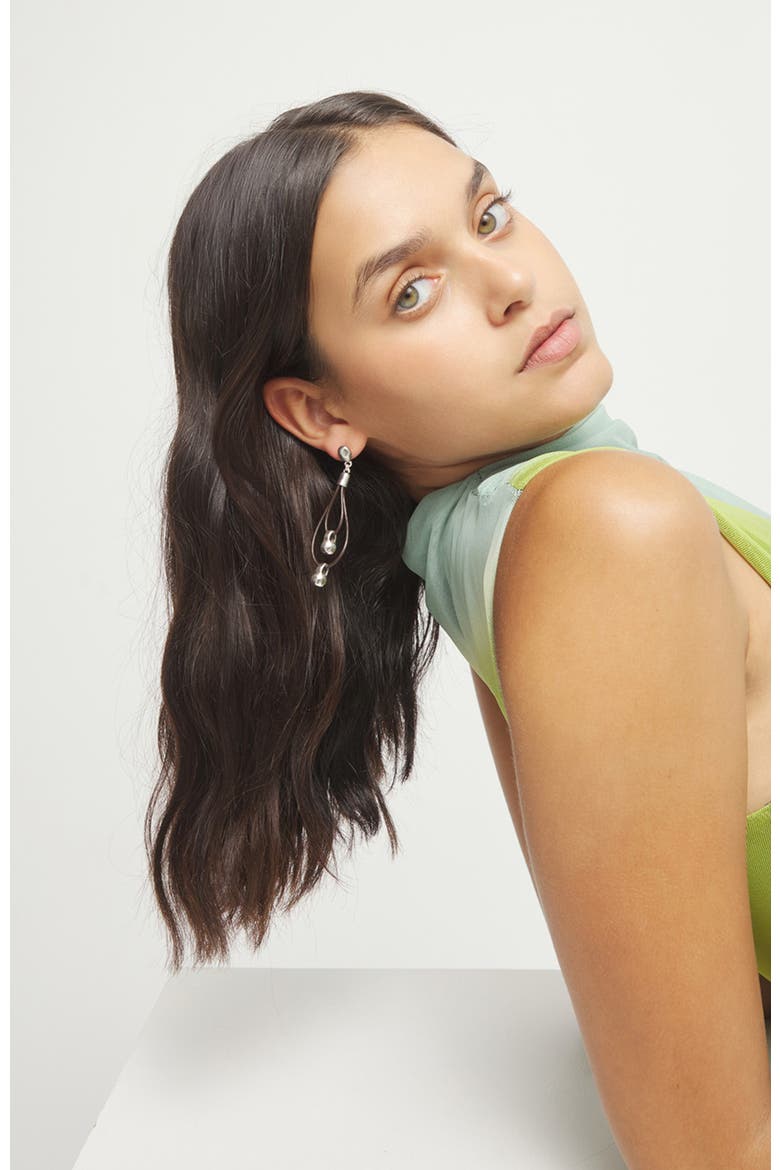 Double Long Leather Earrings with Sterling silver-plated Dial Detail, Alternate, color, Silver