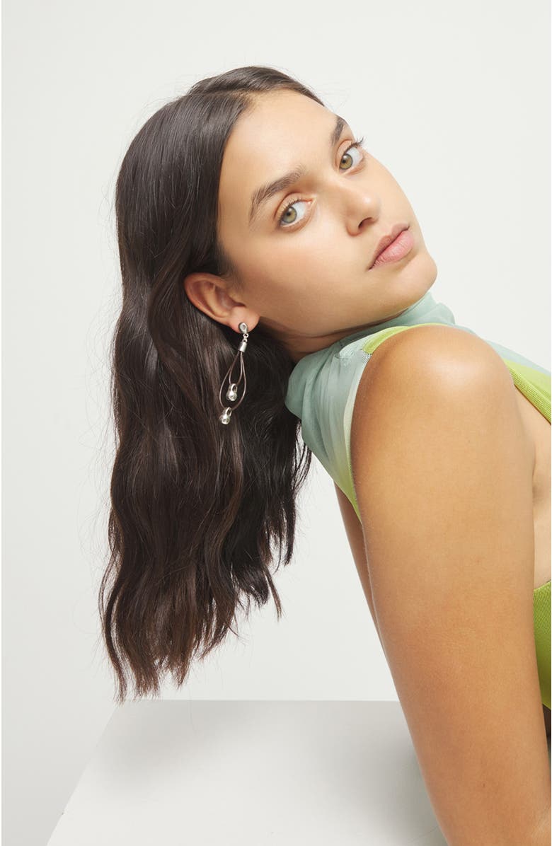 UNODE50 Double long leather earrings with sterling silver-plated dial detail, Alternate, color, Silver