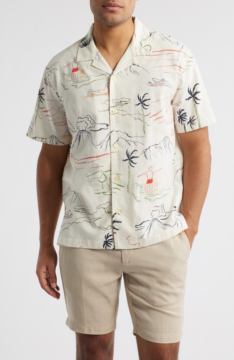 Treasure & Bond Tropical Print Linen & Cotton Camp Shirt, Main, color, Ivory Daydreaming