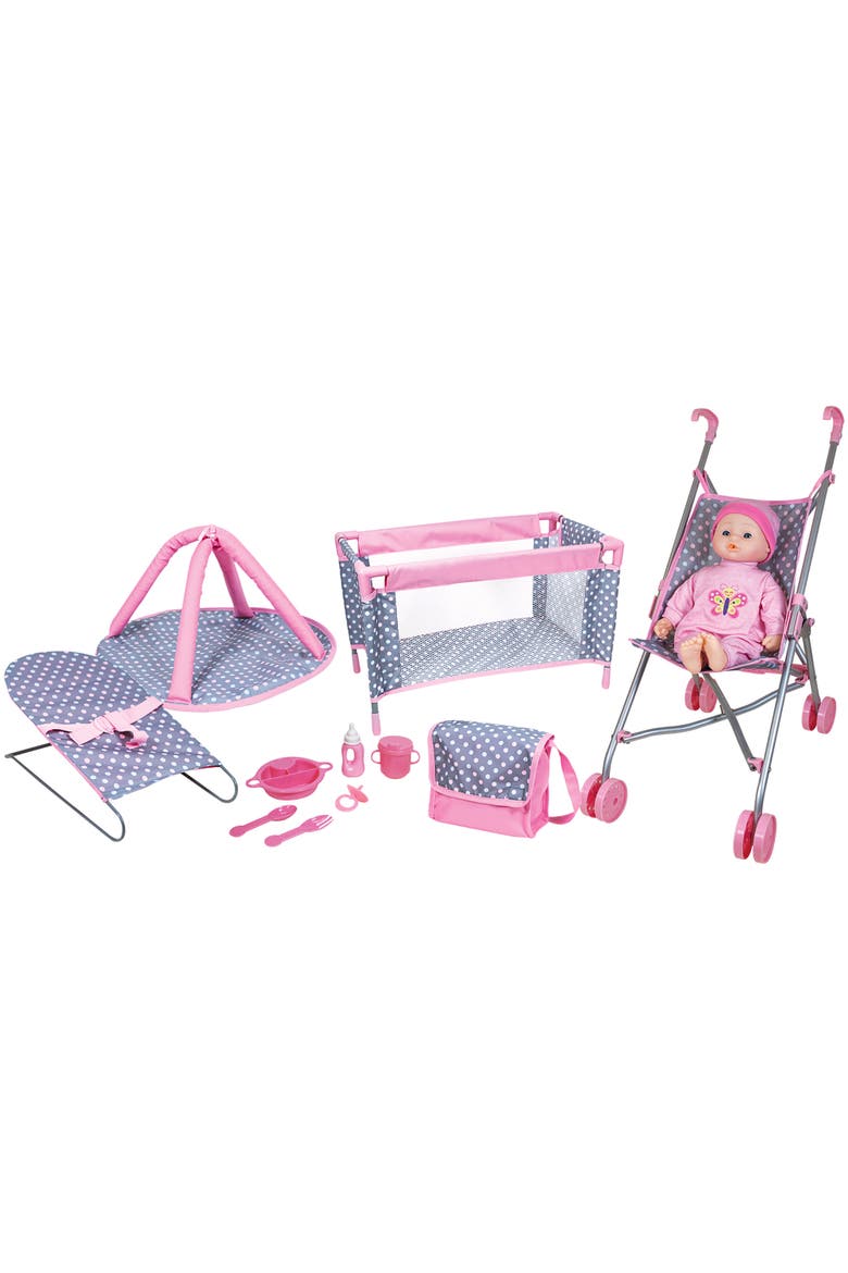 16 Inch Baby Doll Playset, Pink Blue Polka Dot, Umbrella Stroller, Handbag, Main, color, Multicolored