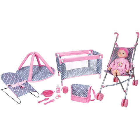 16 Inch Baby Doll Playset, Pink Blue Polka Dot, Umbrella Stroller, Handbag