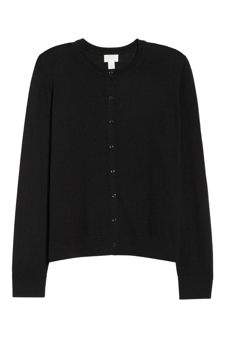 Merino Wool Blend Crewneck Cardigan, Alternate, color, BLACK