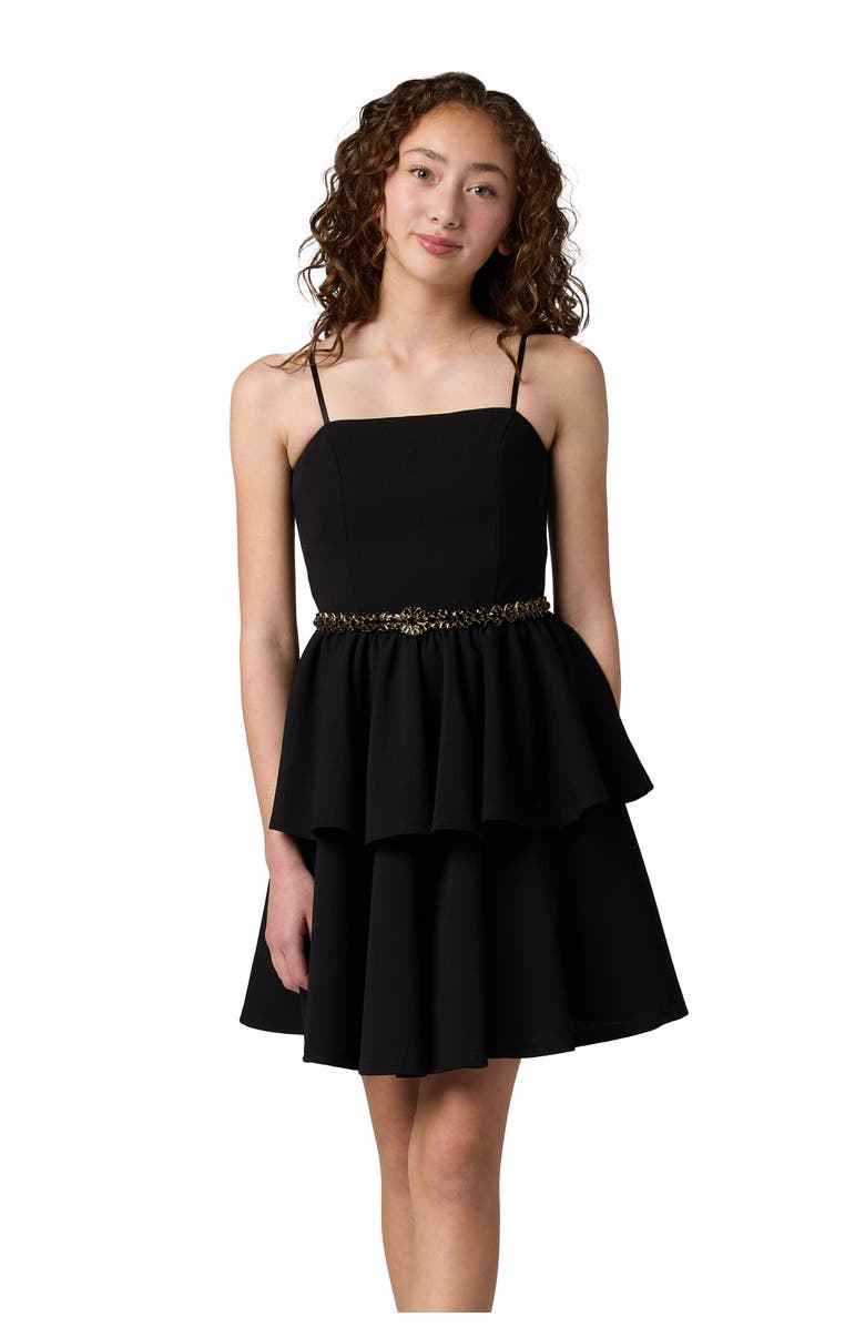 Un Deux Trois Tiered Dress with Rhinestone Belt, Main, color, Black