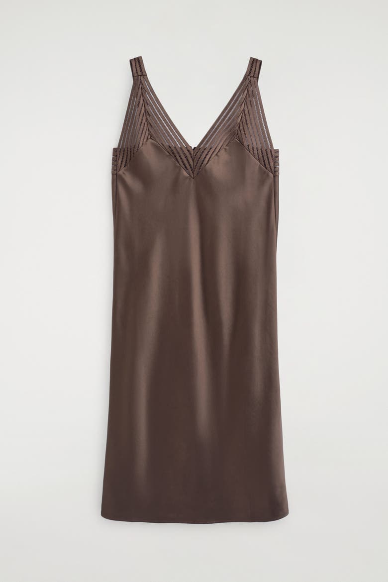Open-stitch Satin Slip Dress, Alternate, color, BROWN