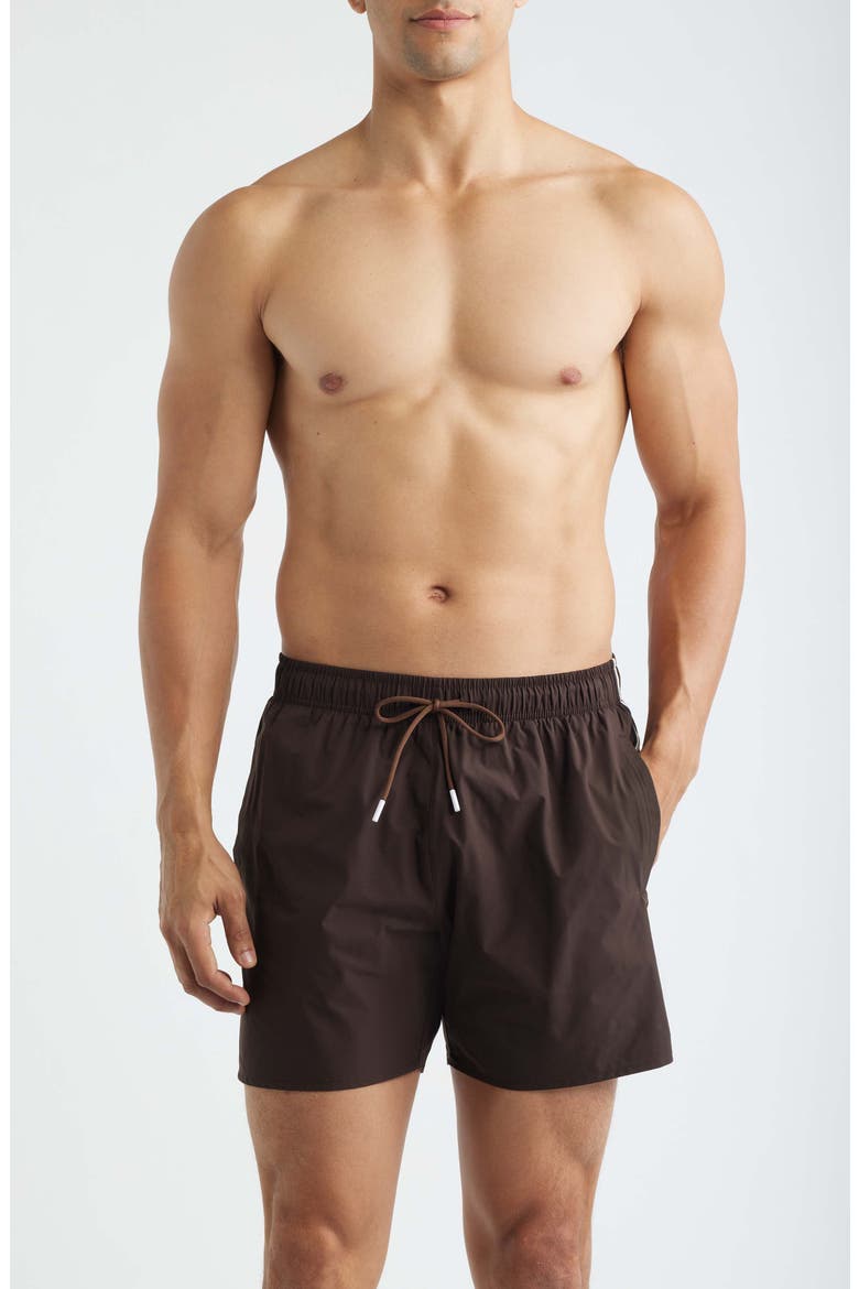 Iconic Side Stripe Swim Trunks, Main, color, DARK BROWN