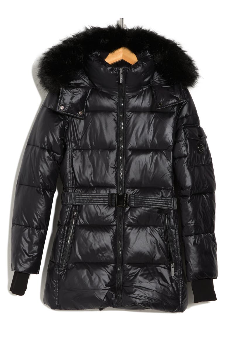 Michael Kors Faux Fur Belted Hooded Puffer Jacket, Alternate, color, 