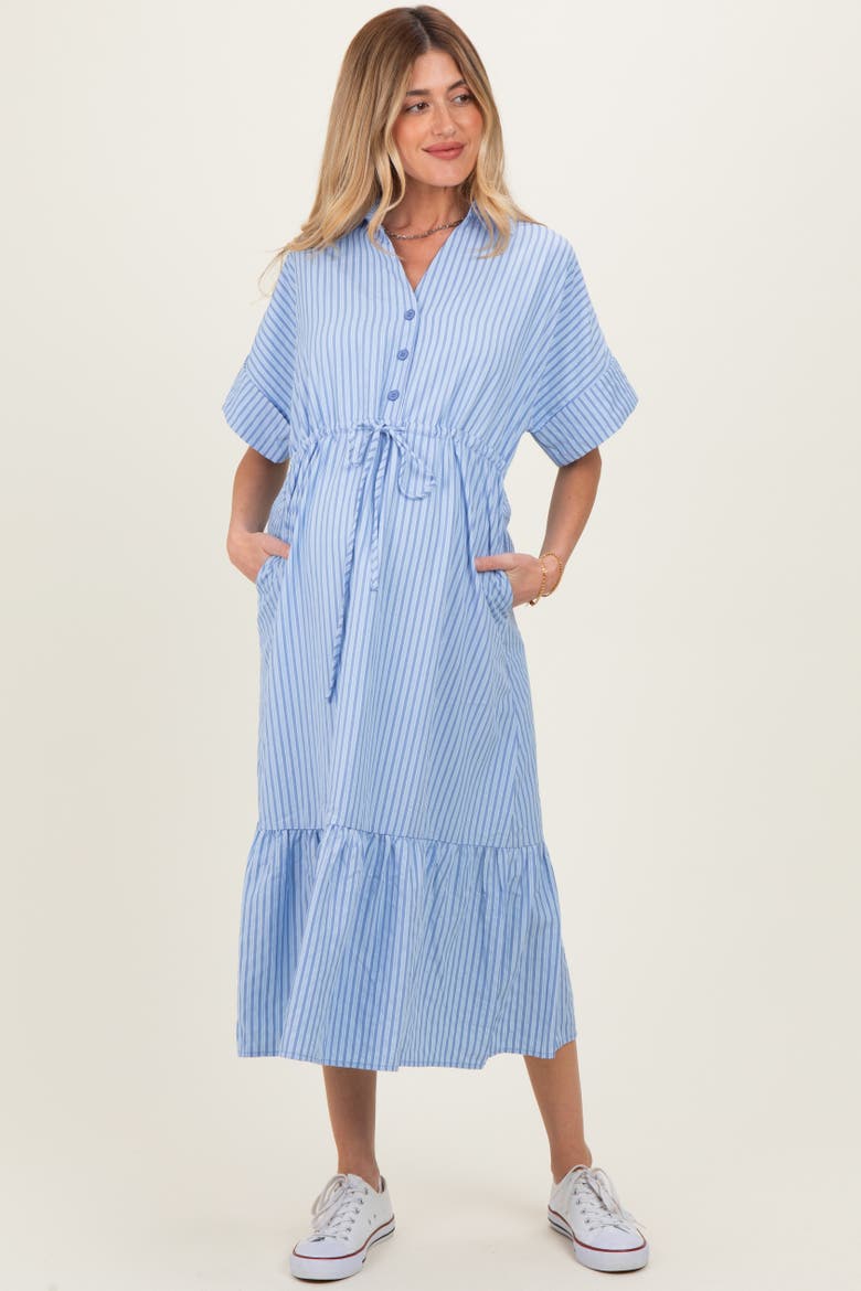 Blue Striped Button Collared Midi Dress, Alternate, color, Light Blue