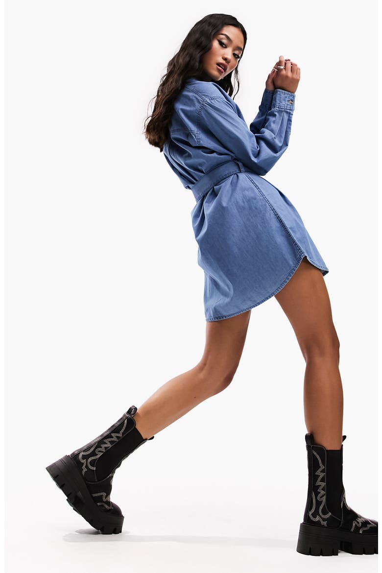 Belted Long Sleeve Denim Shirtdress, Alternate, color, MID BLUE