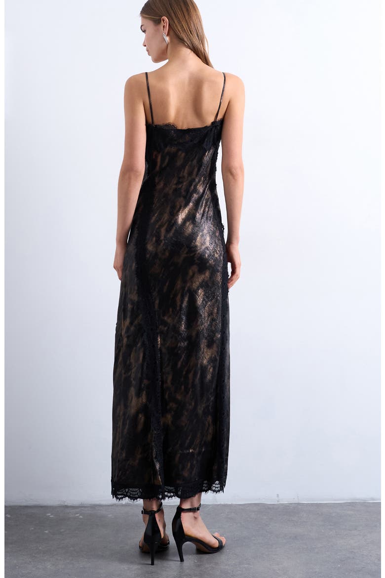 Lace Trim Satin Maxi Dress, Alternate, color, SILVER BLACK PRINT