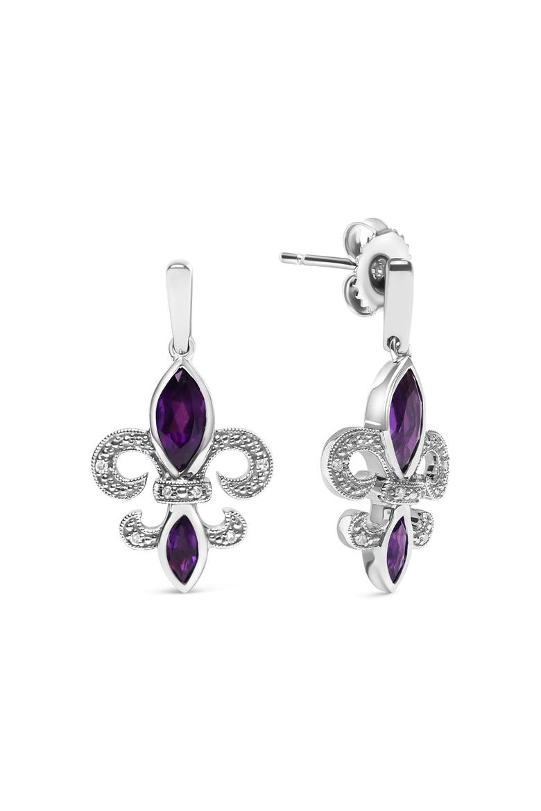 Silver Amethyst & Diamond Accent Fleur De Lis Dangle Stud Earrings, Alternate, color, White