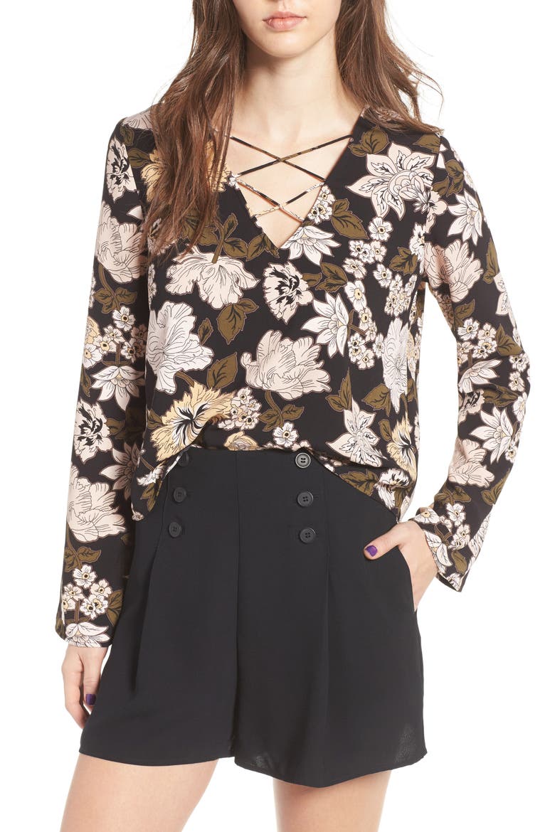 Lace Up Blouse, Main, color, BLACK SPRING FLORAL