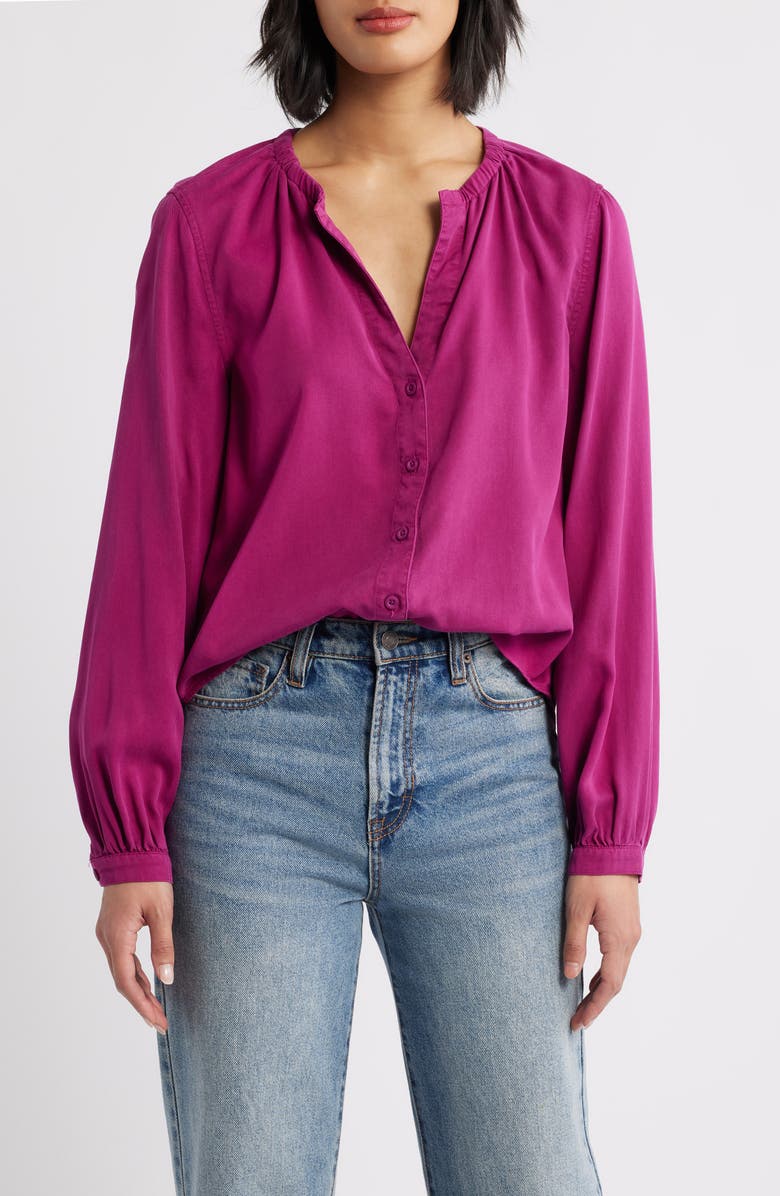 Cloth & Stone Gathered Button-Up Shirt, Main, color, Fushia