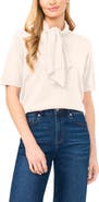 CeCe Tie Neck Short Sleeve Sweater