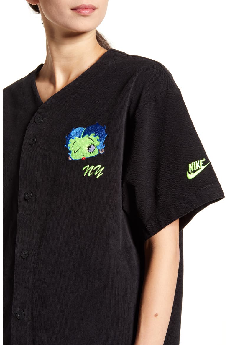 x Olivia Kim Corduroy Baseball Jersey, Alternate, color, BLACK