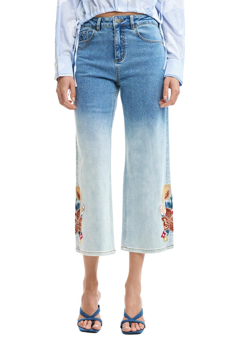 Floral Embroidered Gradient Crop Wide Leg Jeans, Main, color, MEDIUM BLUE