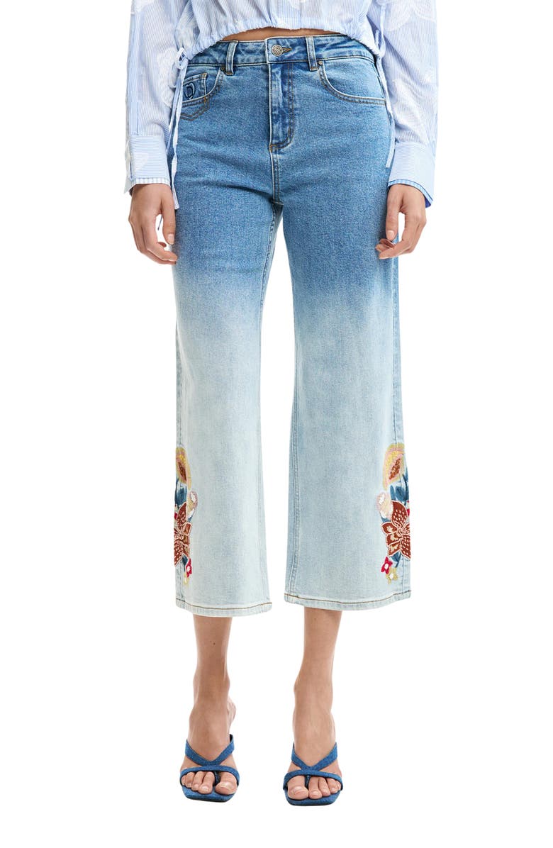 Desigual Floral Embroidered Gradient Crop Wide Leg Jeans, Main, color, Medium Blue