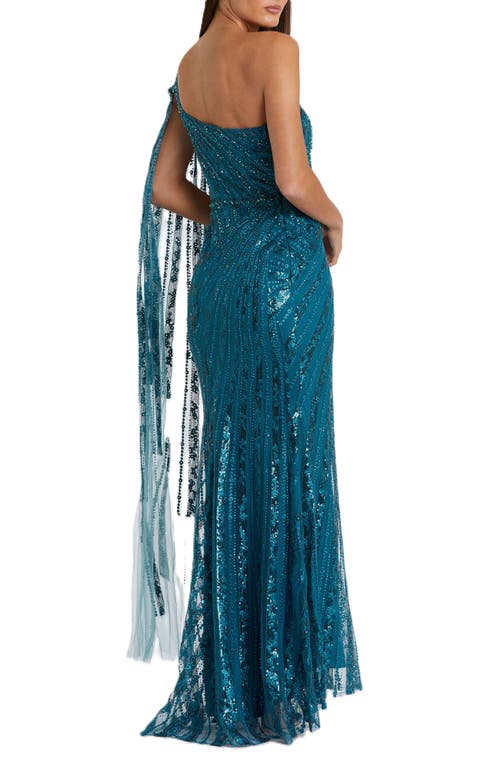 Mac Duggal One Shoulder Cape Sleeve Embellished Gown In Ocean Blue