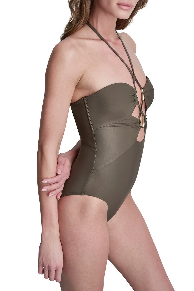 Jeweled Cutout One-Piece Halter Swimsuit, Alternate, color, MATTE BROWN