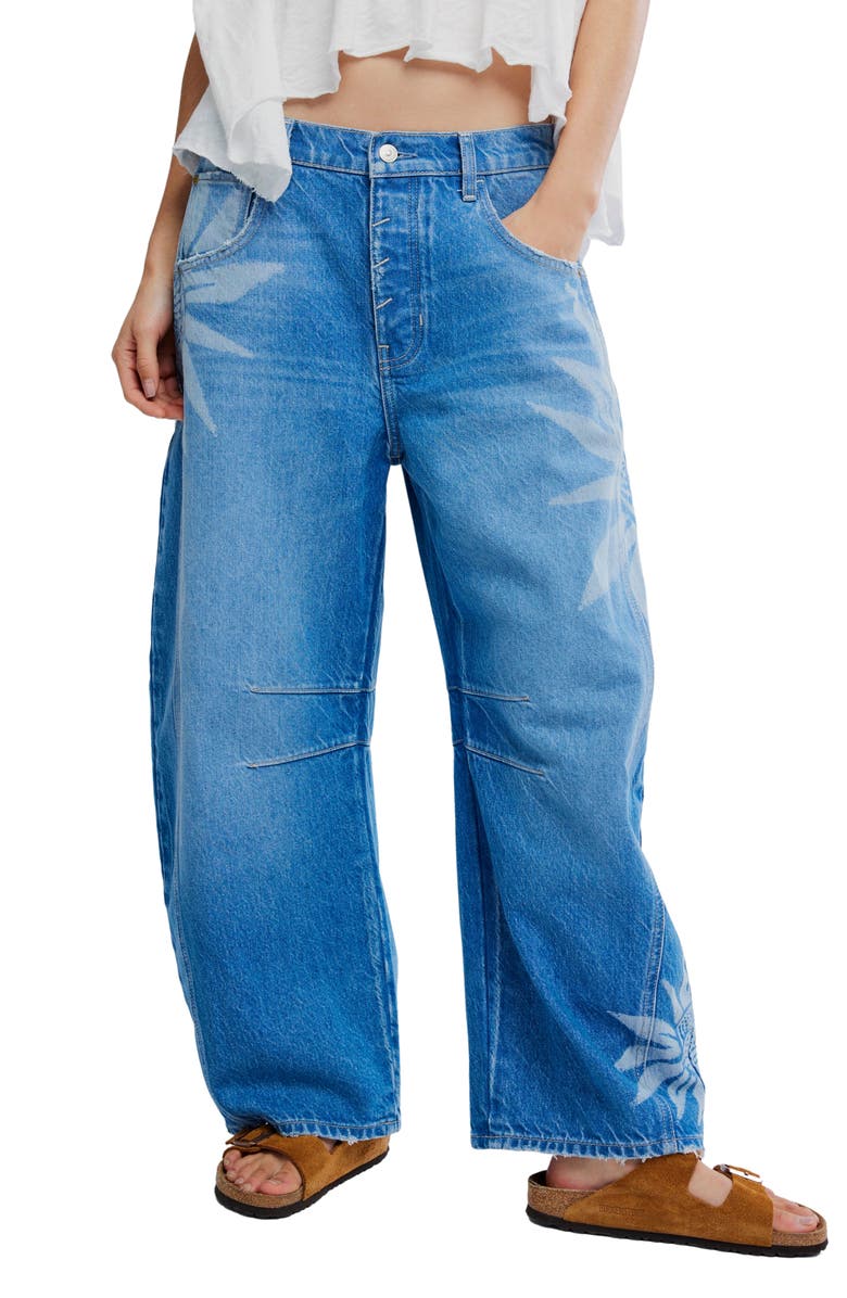 Free People Good Luck Floral Print Barrel Jeans, Main, color, Sun Fade Laser - Fad