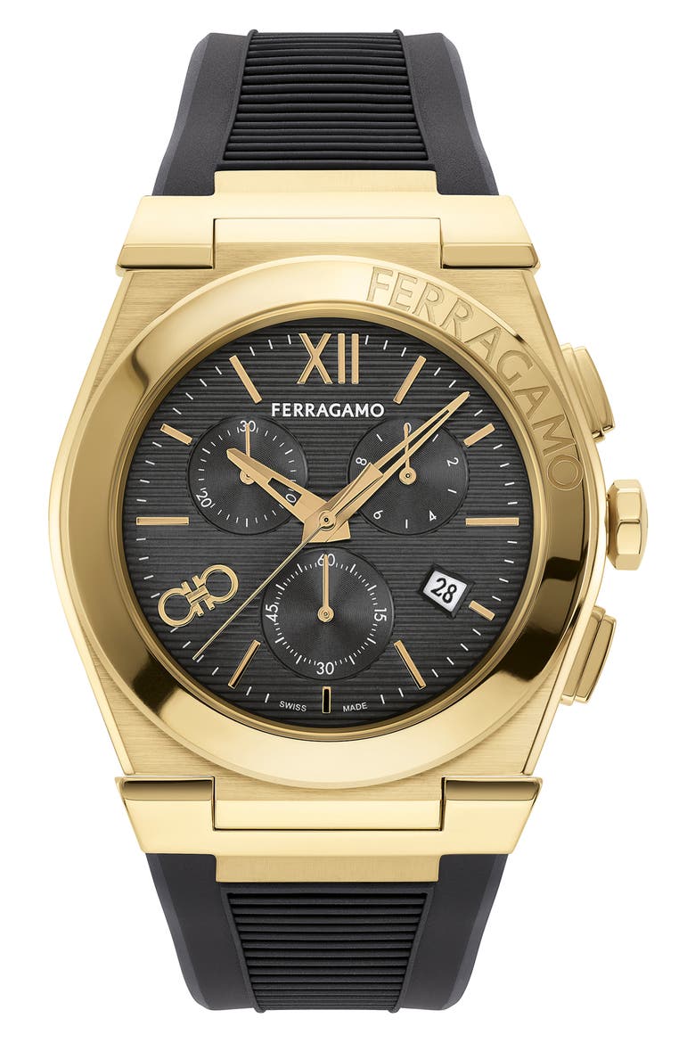 Vega Chronograph Silicone Strap Watch, 42mm, Main, color, IP YELLOW GOLD