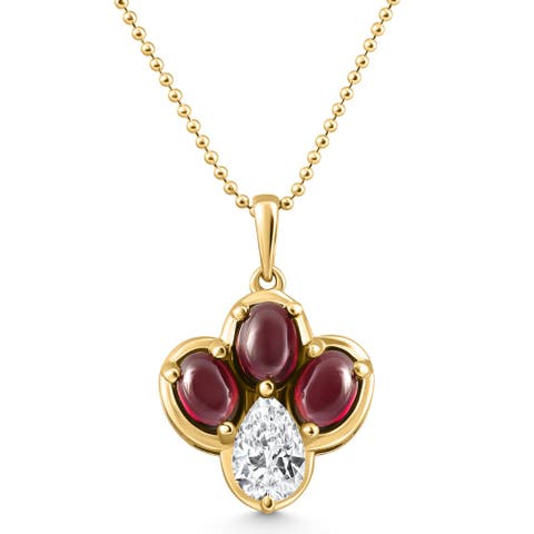 4Ct Pear Diamond & Cabachon Garnet Angelica Pendant 14k Gold Necklace Lab Grown