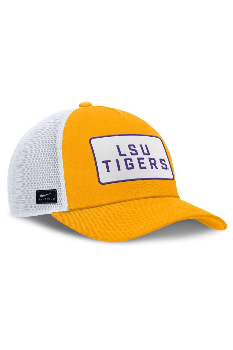 Men's Nike Gold/White LSU Tigers 2025 On-Field Rise Patch Trucker Adjustable Hat, Alternate, color, Gold