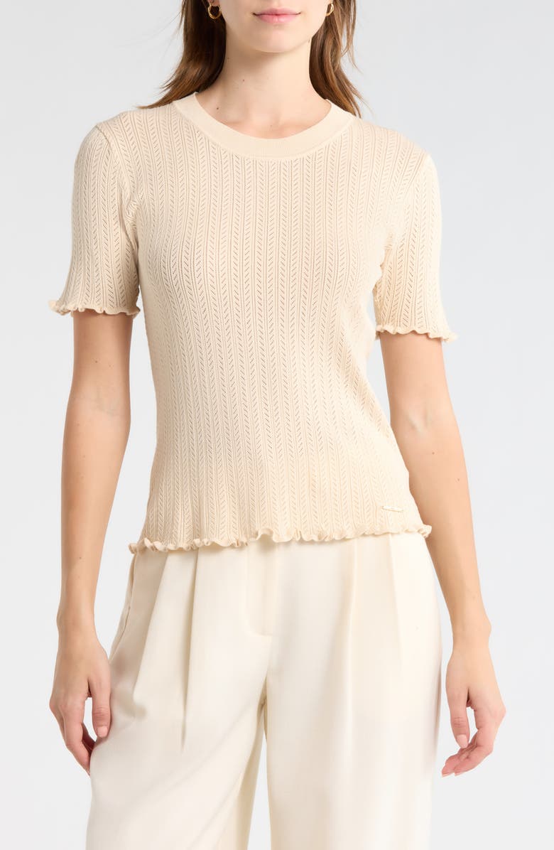 ELIE ELIE TAHARI Pointelle Short Sleeve Sweater, Main, color, Almond Milk