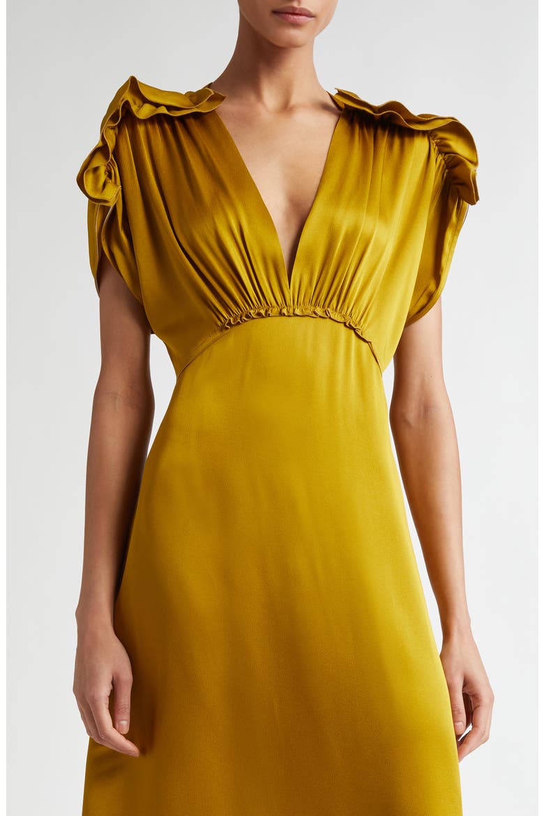 Ruffle Shoulder Satin Dress, Alternate, color, HARVEST GOLD