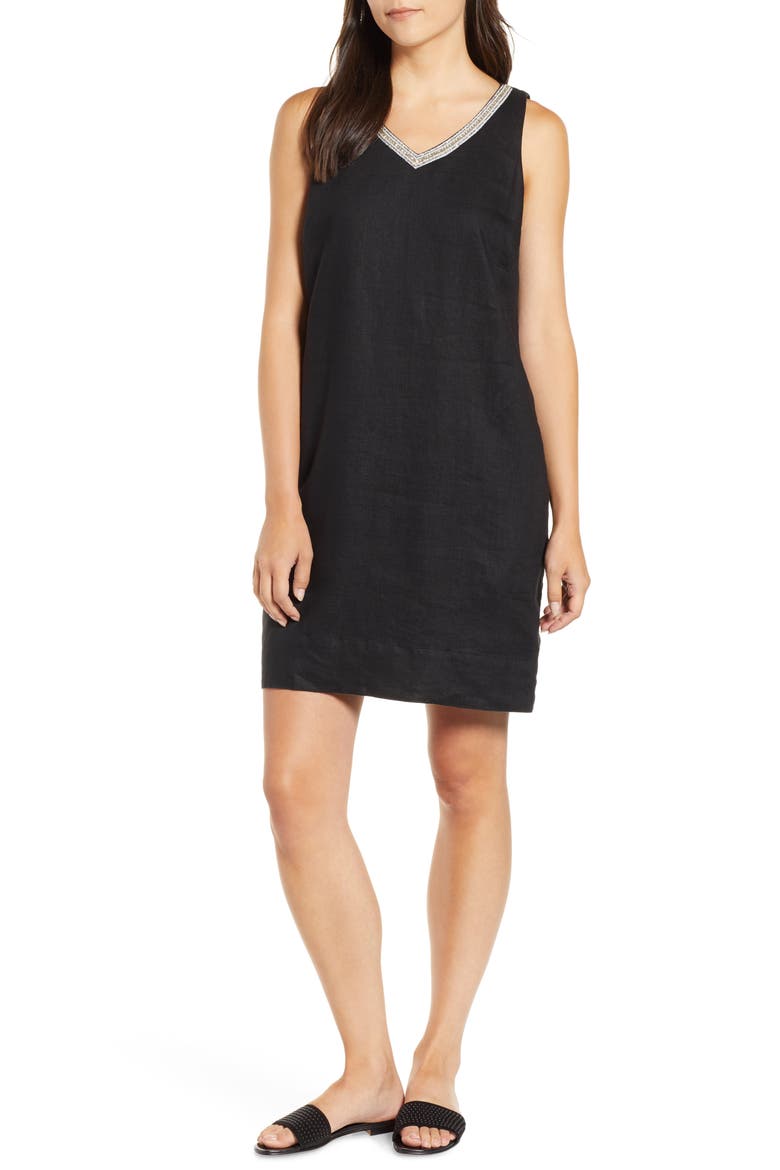 Linen Embellished Shift Dress, Main, color, BLACK