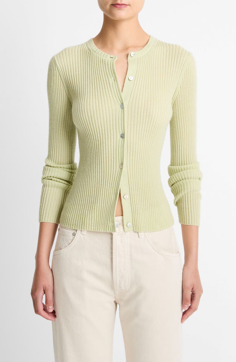 Vince Cashmere & Silk Rib Cardigan, Main, color, Pale Fern