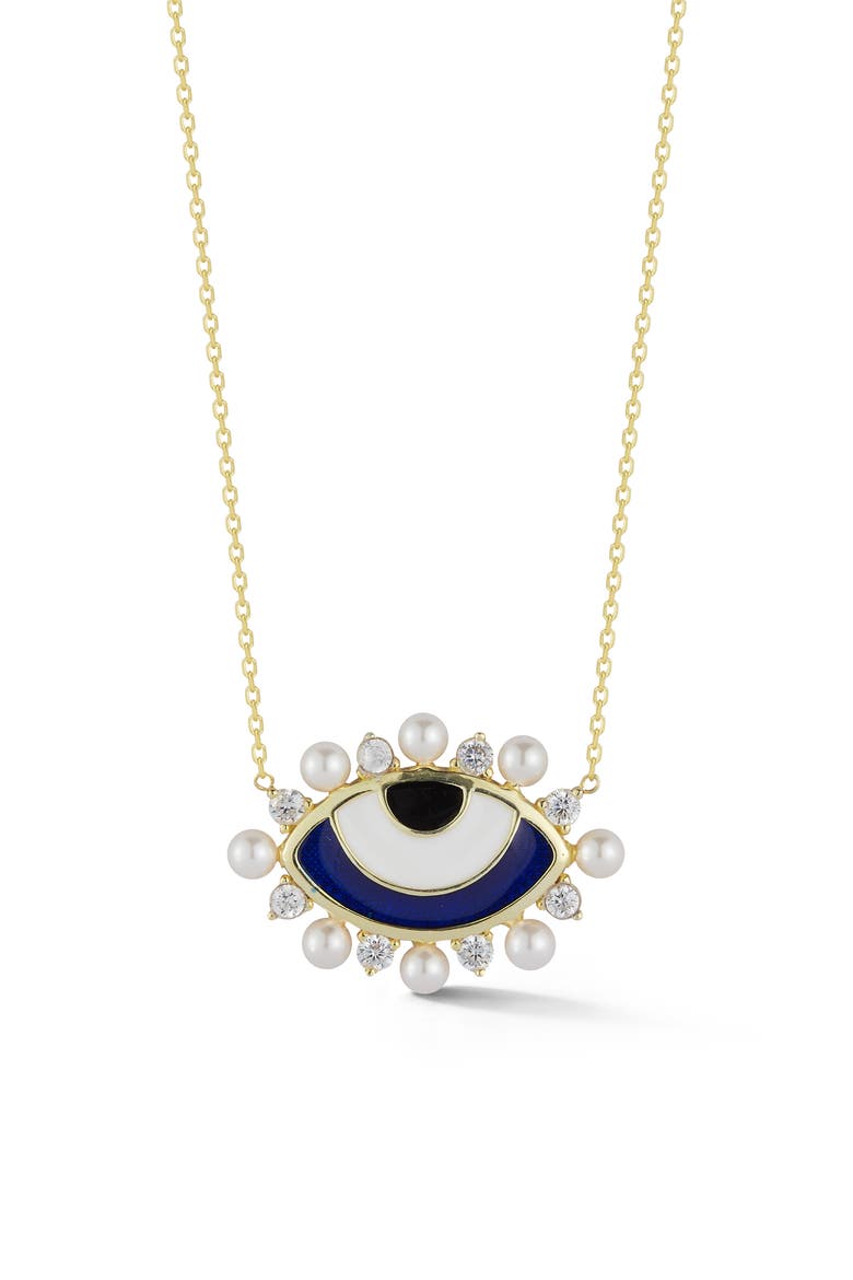 Cubic Zirconia & 2–3mm Cultured Pearl Evil Eye Pendant Necklace, Main, color, GOLD