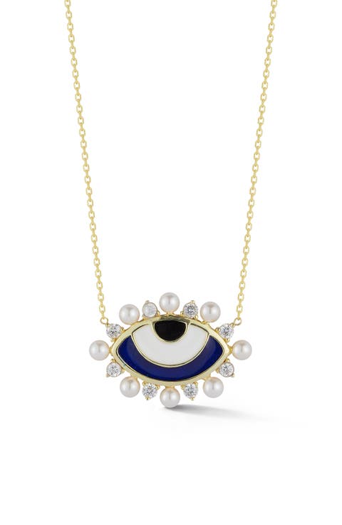 Cubic Zirconia & 2–3mm Cultured Pearl Evil Eye Pendant Necklace