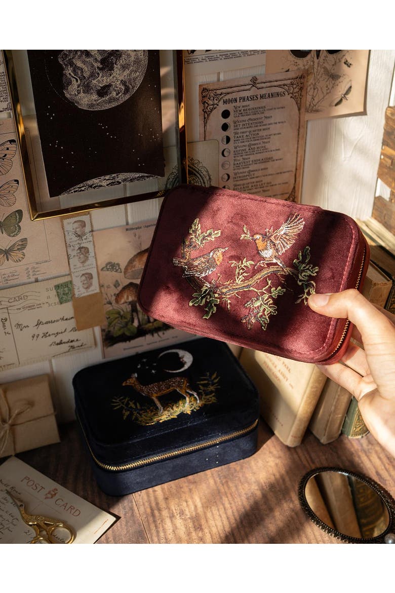 Robin Love Embroidered Large Velvet Jewellery Box, Alternate, color, Burgundy