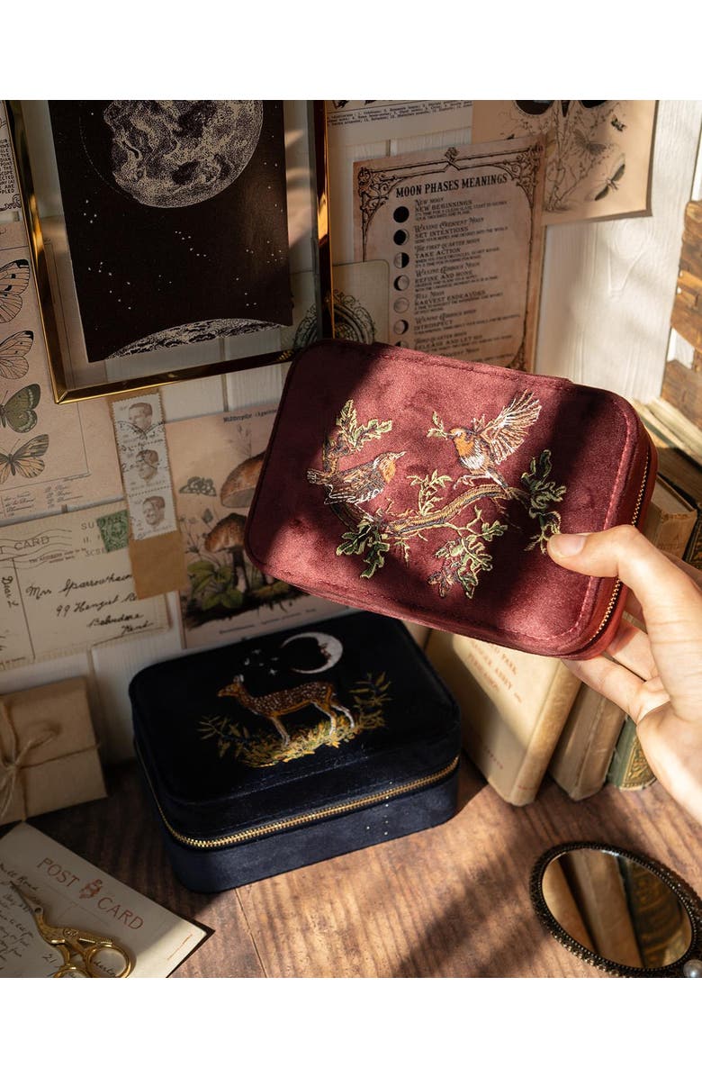 Fable England Robin Love Embroidered Large Velvet Jewellery Box, Alternate, color, Burgundy