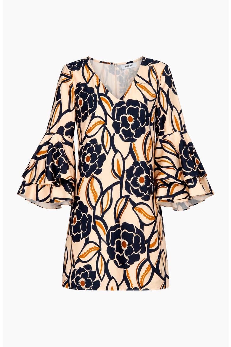Floral V-Neck Dress with Tullip Sleeves, Alternate, color, Light Brown