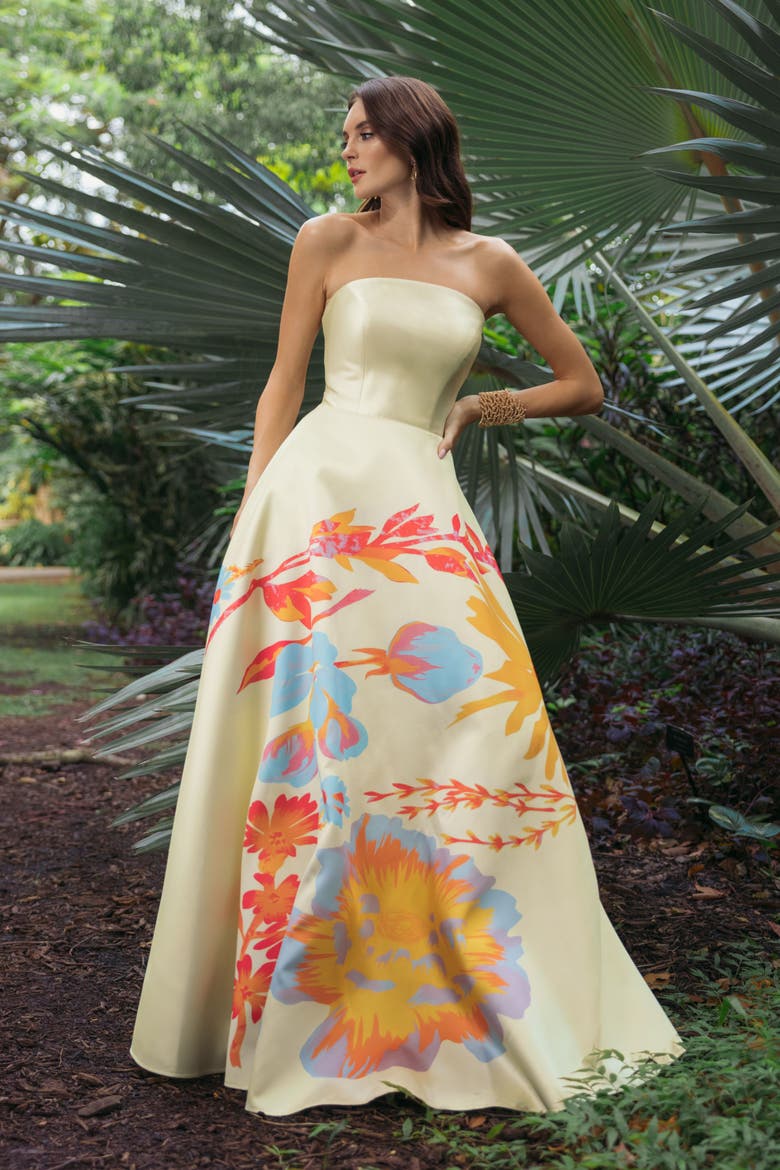 Women’s Strapless Floral Printed Mikado Ball Gown, Alternate, color, Butter Multi