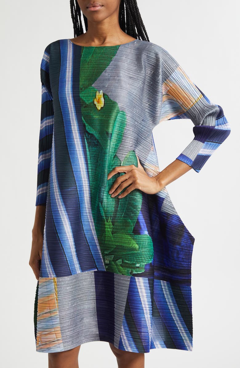 Pleats Please Issey Miyake City Collage Pleated Dress, Alternate, color, Gray X Navy