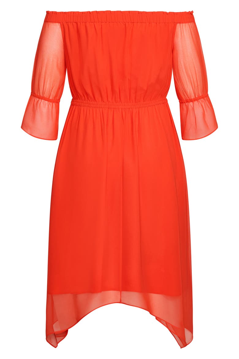Reflections Off the Shoulder Handkerchief Hem Dress, Alternate, color, SUNKIST